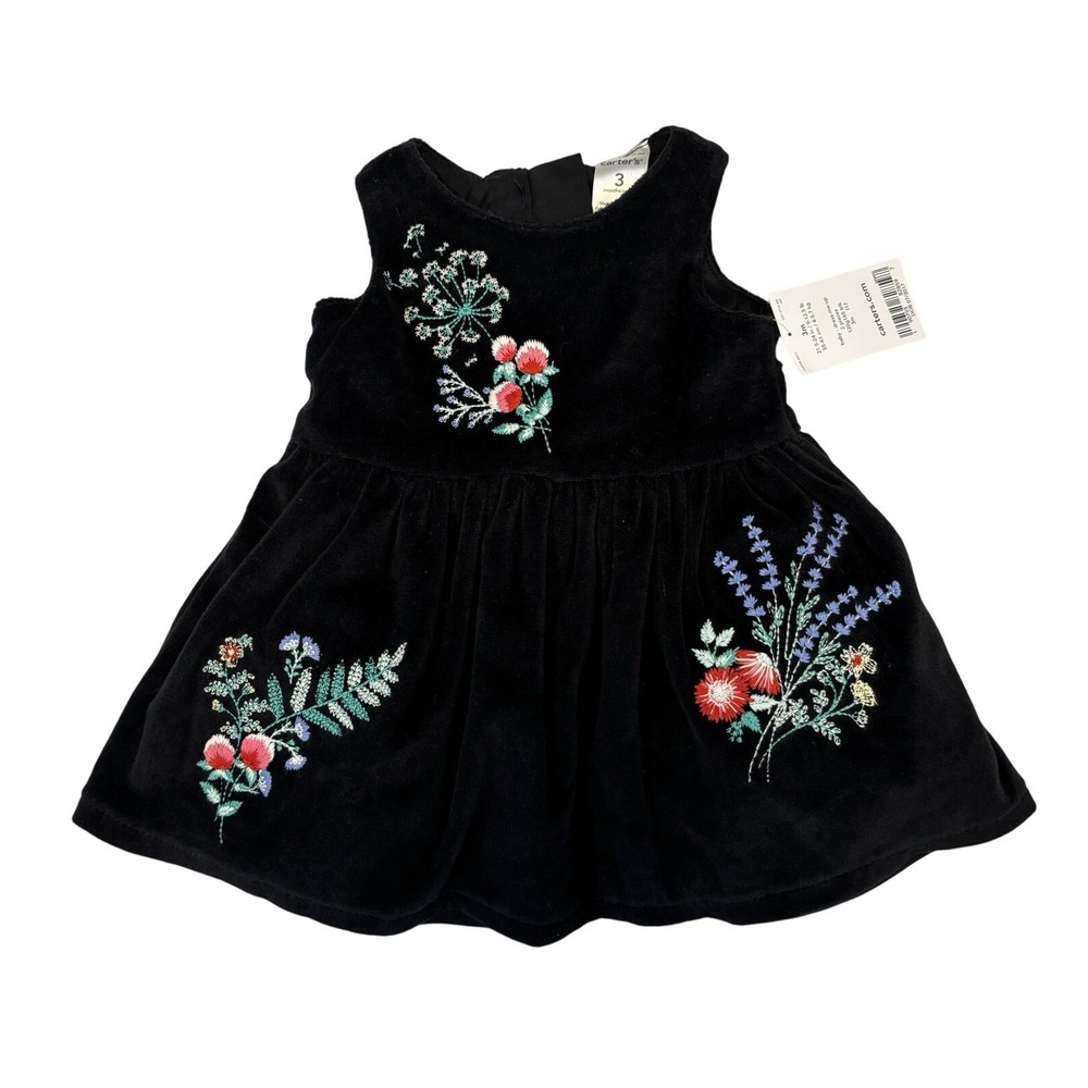 NWT Carters Infant‎ Girls Black Velvet Floral Jumper Christmas Holiday Dress 3M